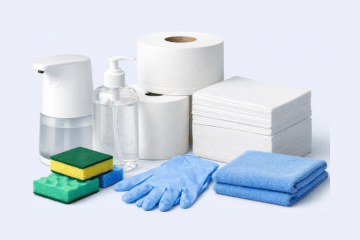 Seifenspender, Toilettenpapier, Handschuhe und Reinigungstücher